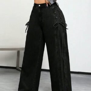 Women's black wide-leg cargo jeans with lace-up side detail and high-waist fit available at Abuja Fashion Market.