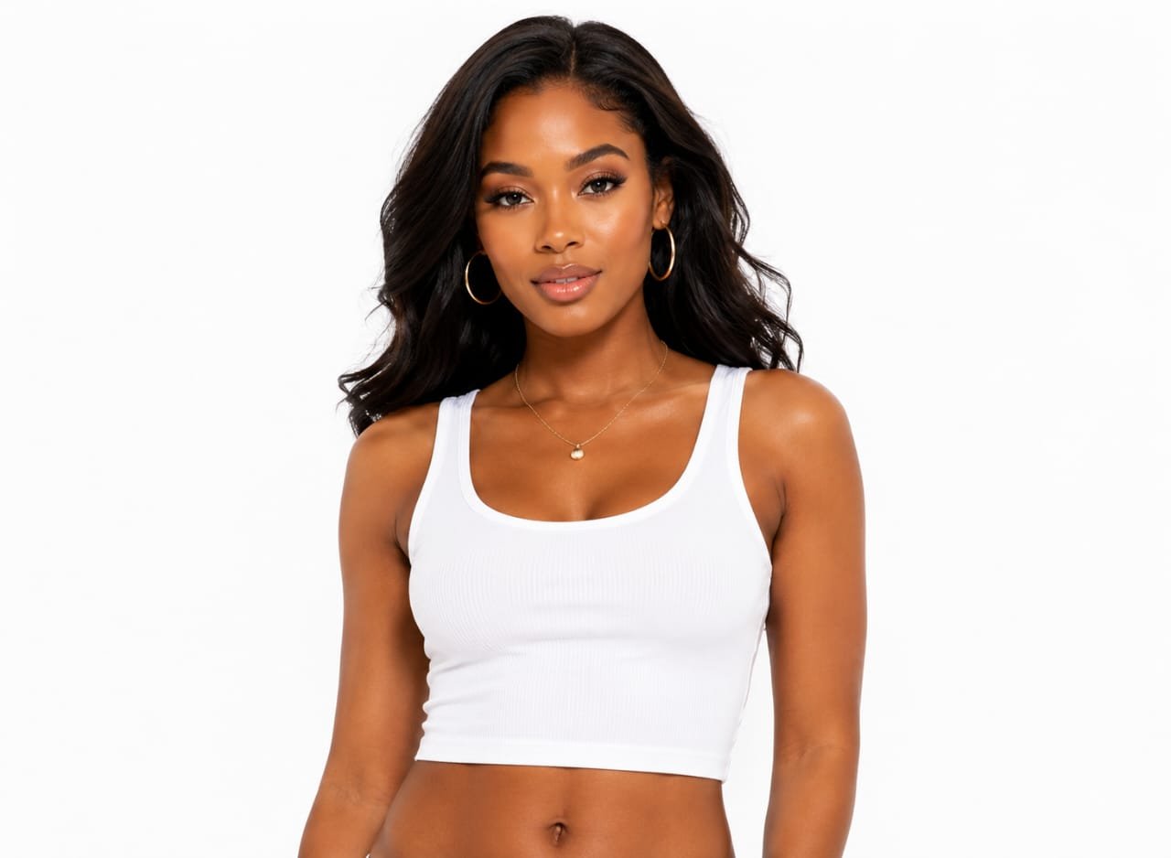 Beautiful woman wearing a fitted white ribbed tank top, perfect for casual everyday fashion, office layering, and weekend outfits in Abuja.
