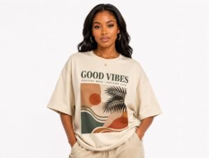 Beautiful woman wearing a stylish oversized graphic T-shirt with a relaxed fit, perfect for casual everyday fashion, streetwear, and weekend outfits in Abuja.