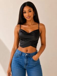 Beautiful woman wearing a black satin party crop top with spaghetti straps, paired with blue jeans for elegant party and evening fashion in Abuja.