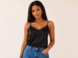 Beautiful woman wearing a black satin camisole top with lace trim and spaghetti straps, paired with blue jeans for elegant casual fashion in Abuja.