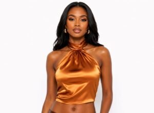 Beautiful woman wearing a burnt orange satin halter neck top with a silky finish, perfect for ladies' casual, party, dinner, and elegant fashion in Abuja.